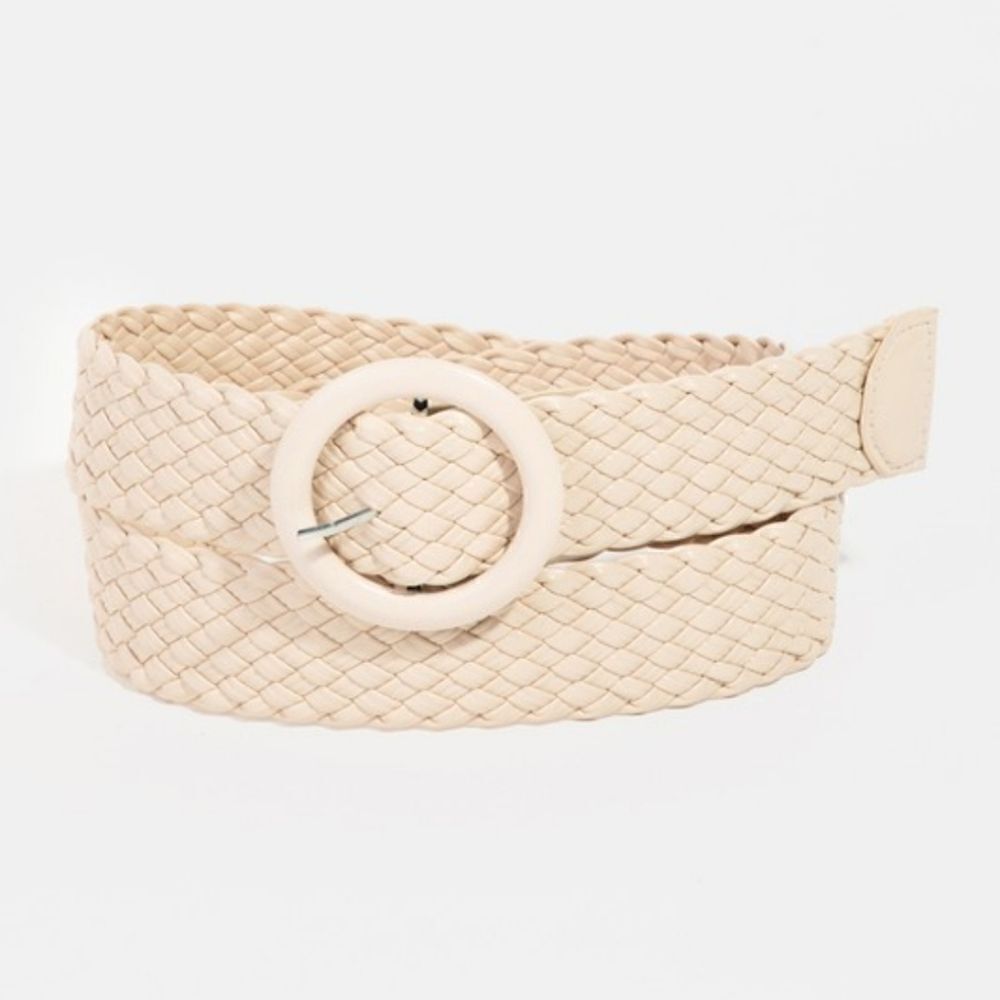 💥$5 BUNDLED💥 Faux Leather Woven Braided Belt Round Buckle Cream 40"